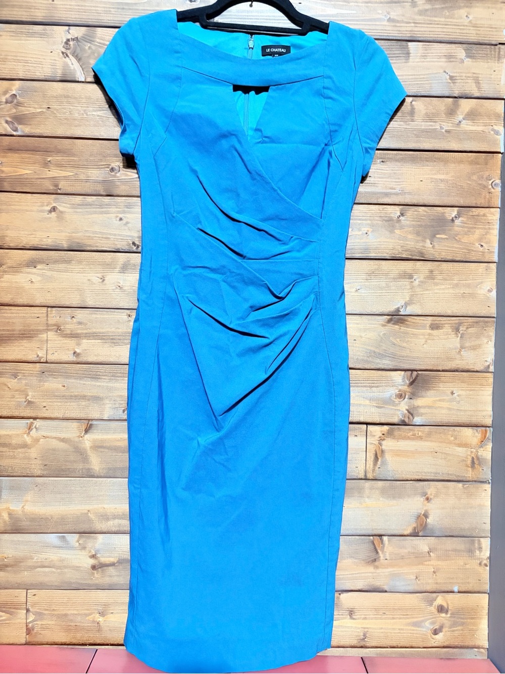 le chateau bright turquoise cap-sleeve sheath dress